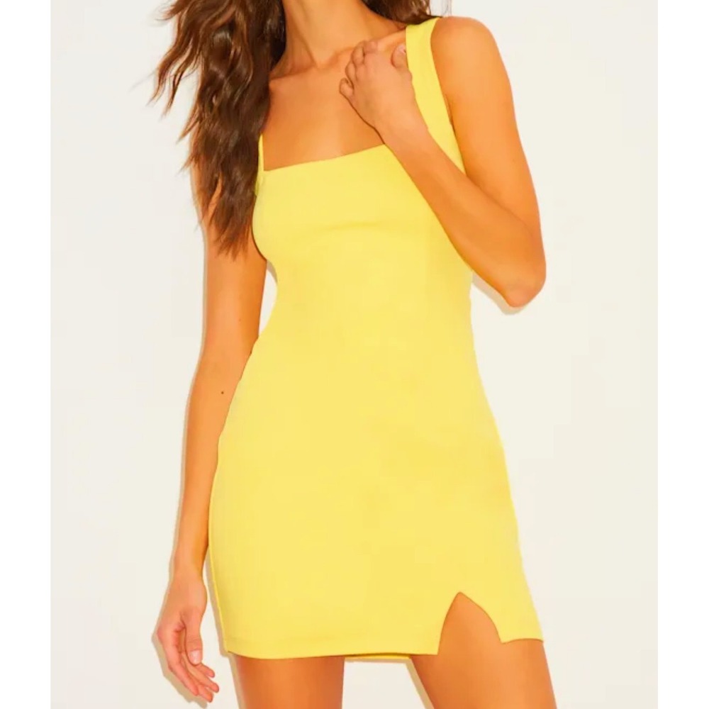 Lulus Social Sensation Yellow Square Neck Sleeveless Mini Dress Side Slit Size M